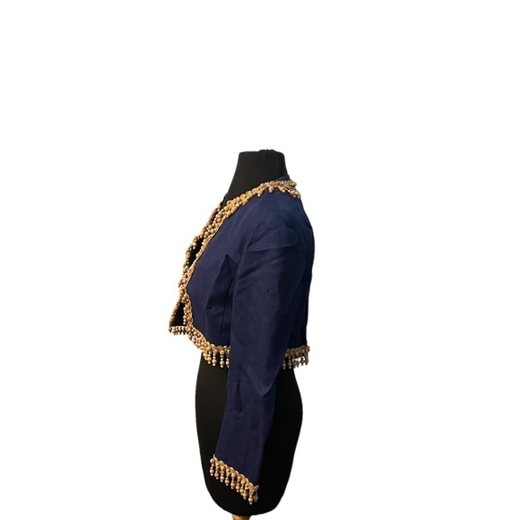 Vintage 1970s Joan Leslie by Kasper women's Jacket Navy Blue With Wood Appliqué - Picture 5 of 10